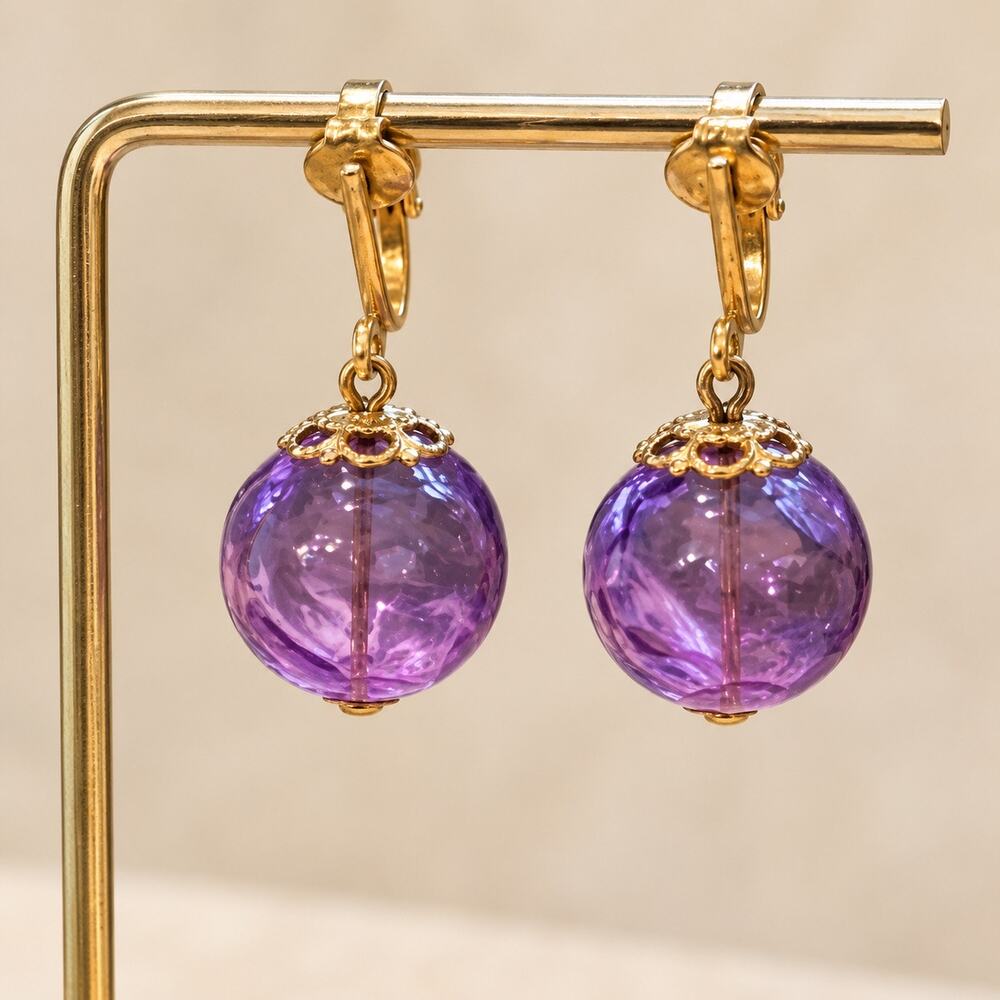 Vintage purple glass ball dangle clip on earrings